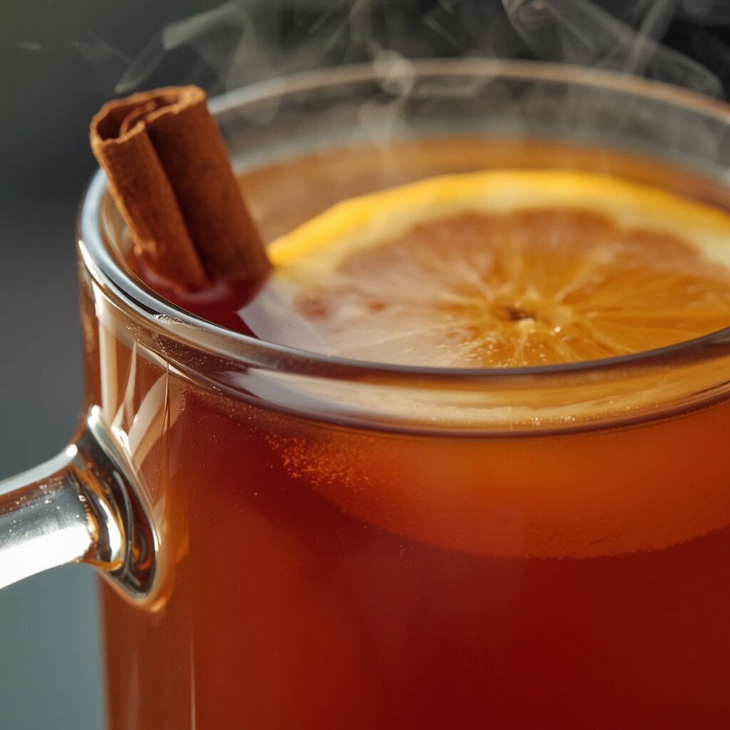 A warm spiced non-alcoholic apple cider with a cinnamon stick