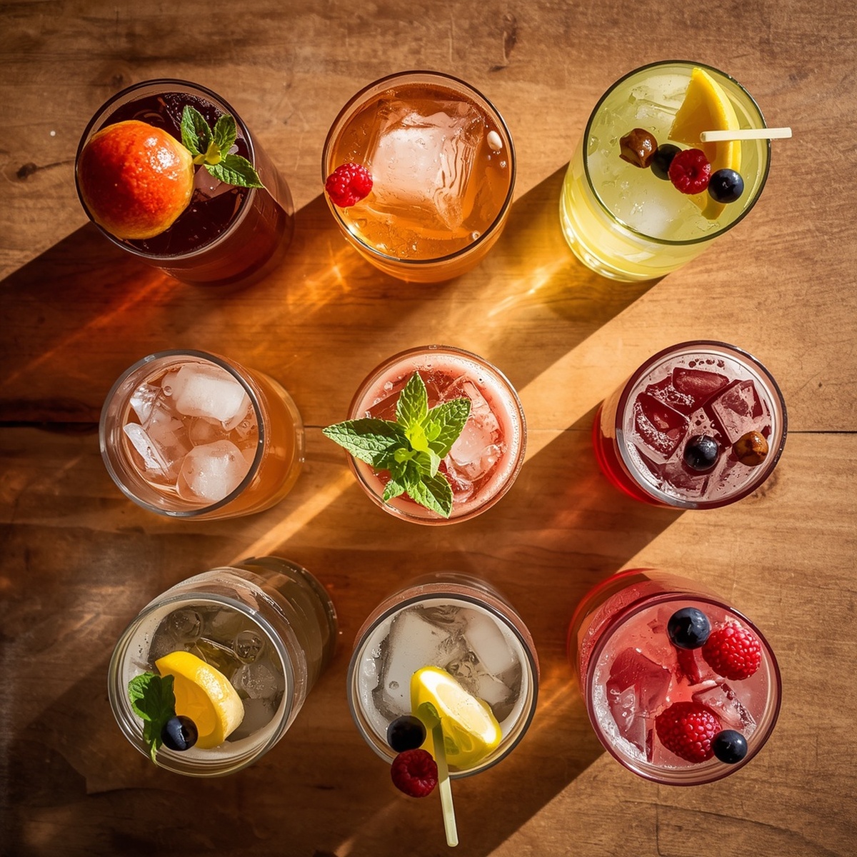 An assortment of the best non alcoholic drinks with fresh fruit garnishes