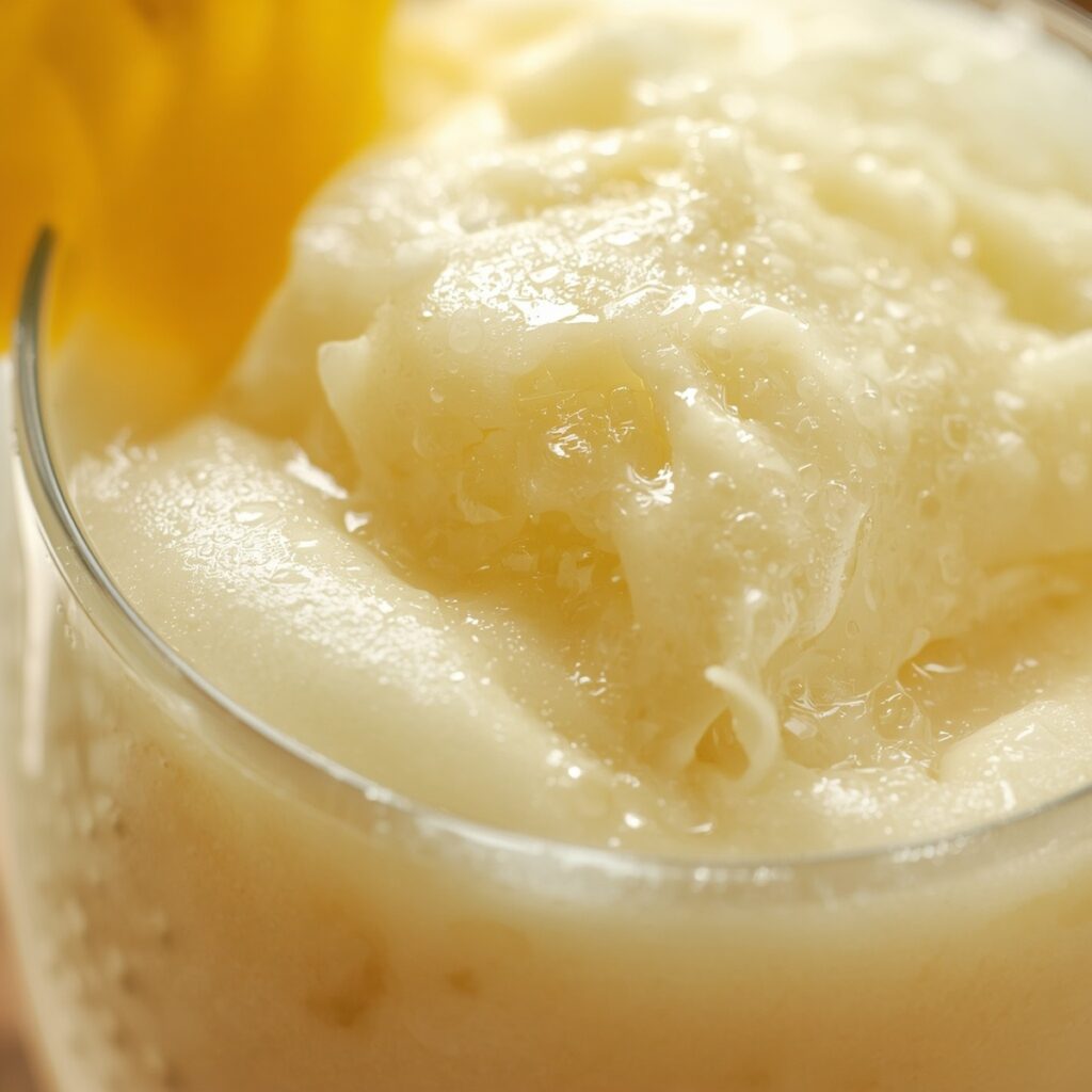 A non-alcoholic pina colada in a glass with a pineapple wedge