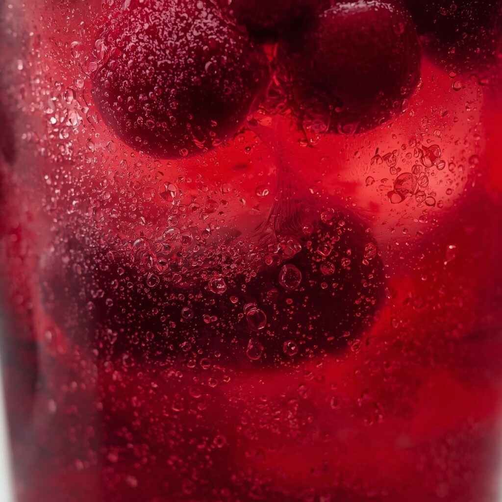 A fruit shrub soda with sparkling water and fresh berries