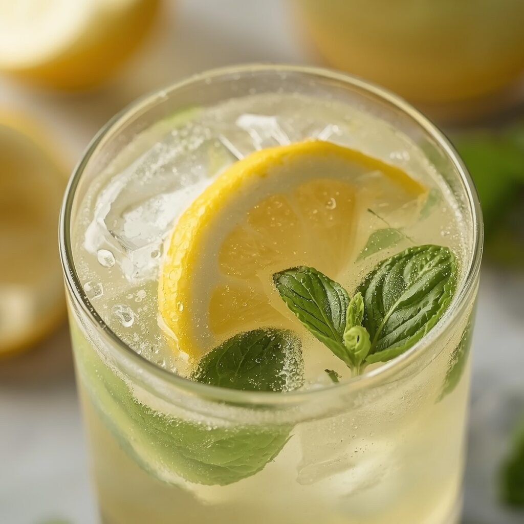 A citrus herb sparkler with mint and lemon in a glass