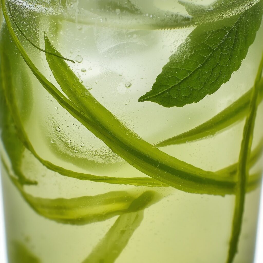 A cucumber mint spritzer garnished with cucumber ribbons