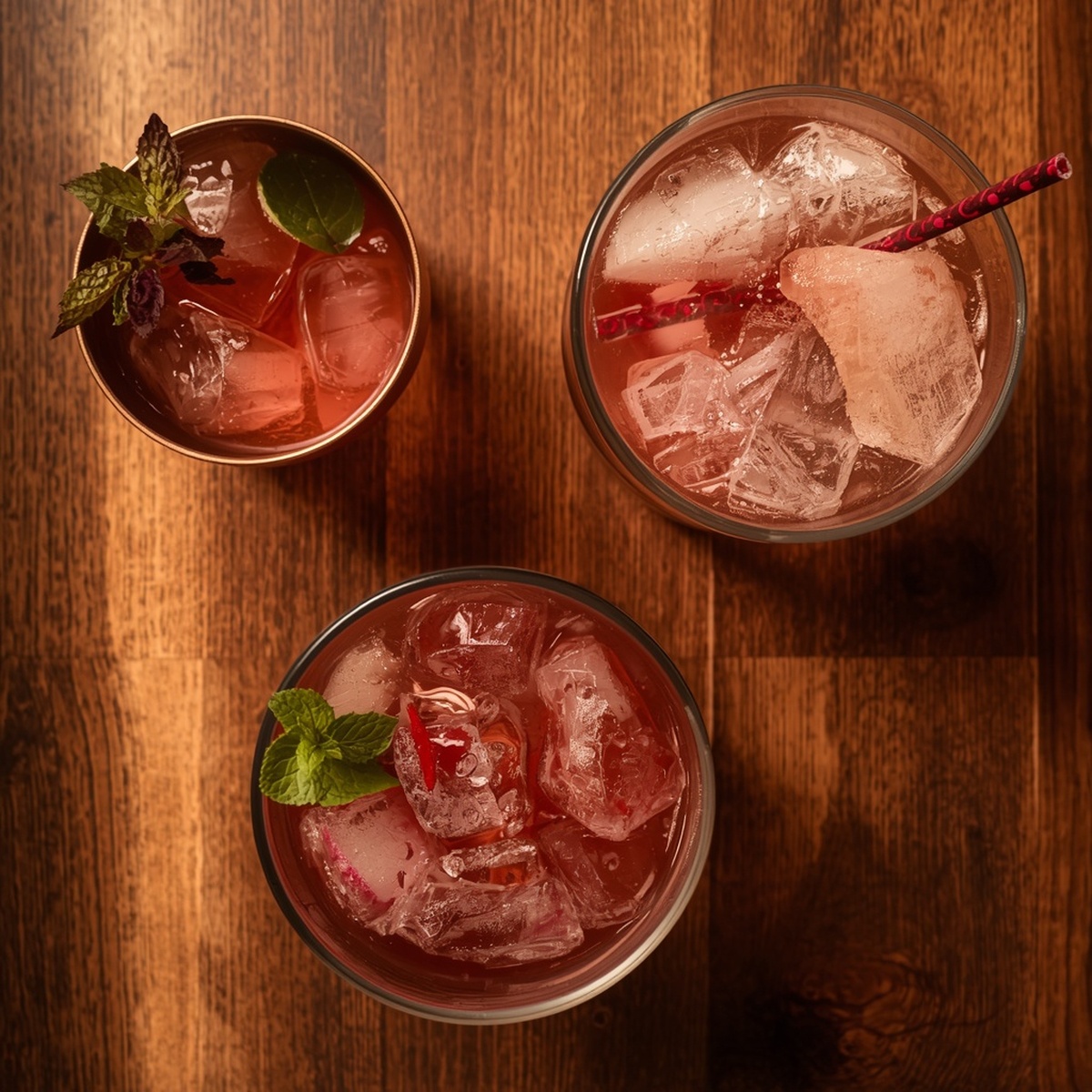 Three easy mocktail recipes in different glasses garnished with mint and fruit on a wooden table