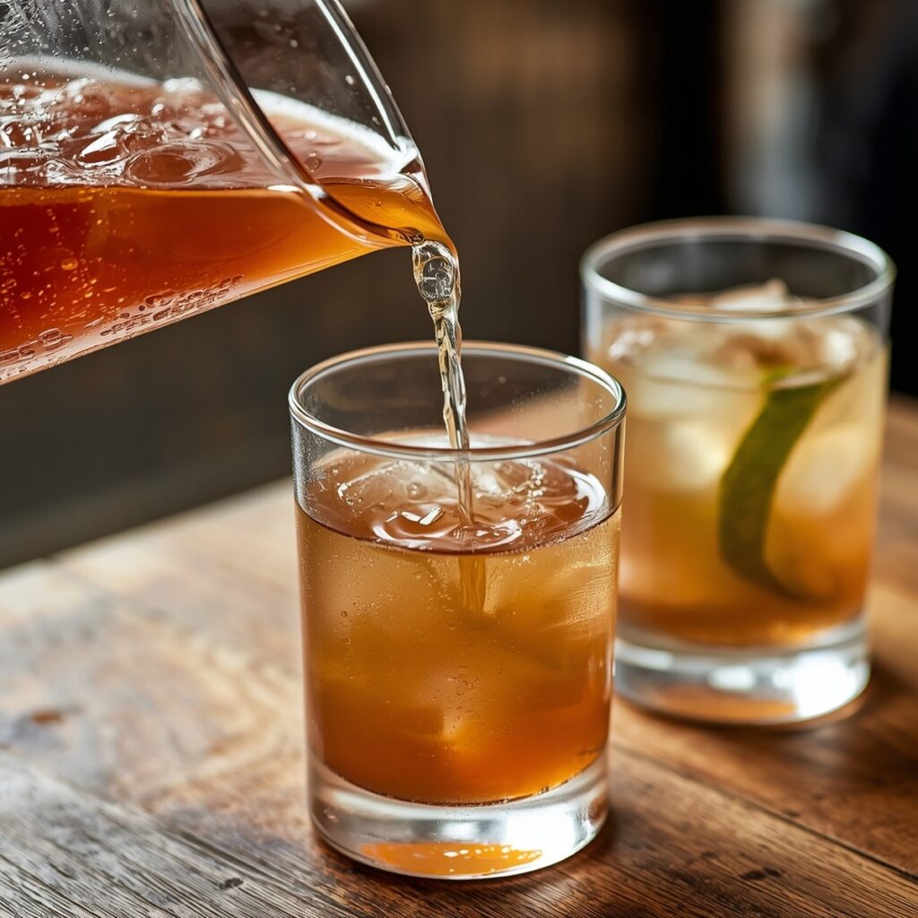 A pitcher of mocktail mix being poured into glasses for a party