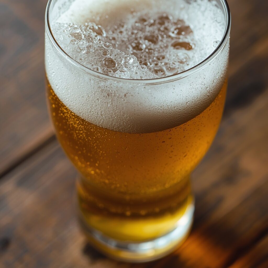 A glass of non alcoholic beer with foam on a wooden table