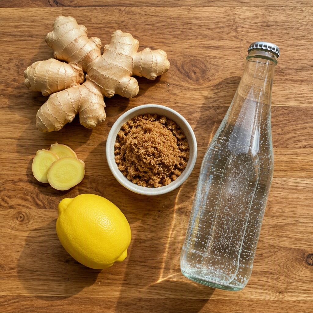 Ingredients for a homemade ginger beer alternative laid out on a counter