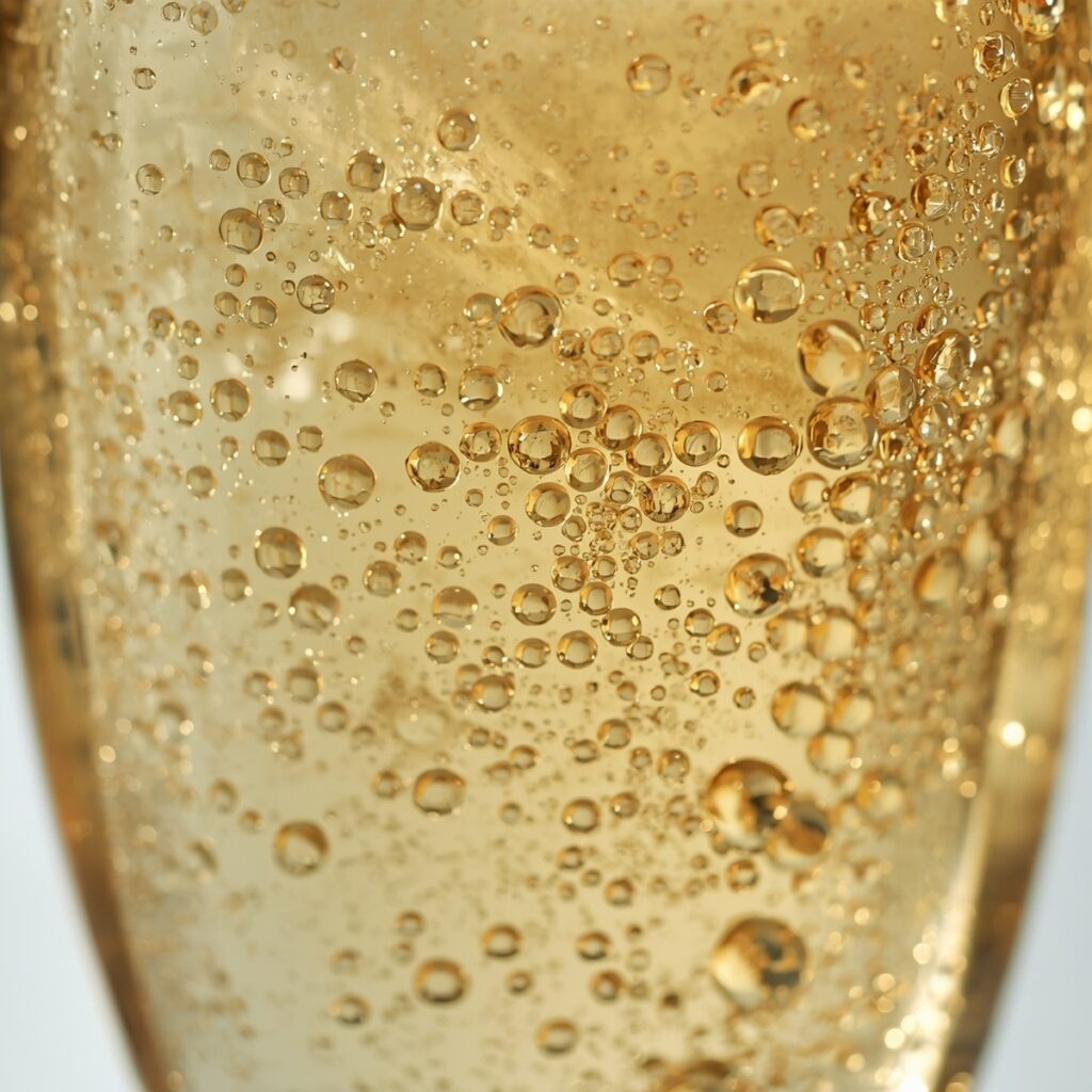 A glass of non alcoholic champagne with bubbles on a wooden table