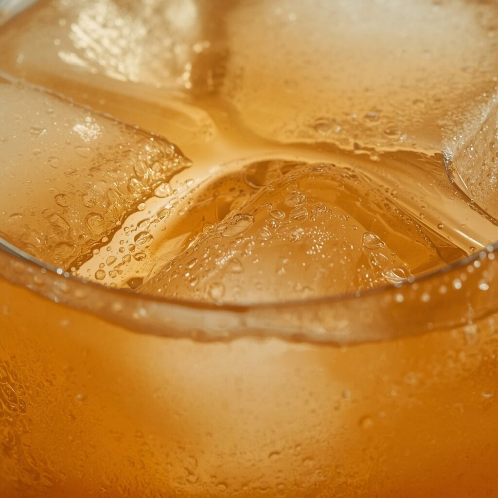 A homemade non alcoholic ginger beer in a glass with ice
