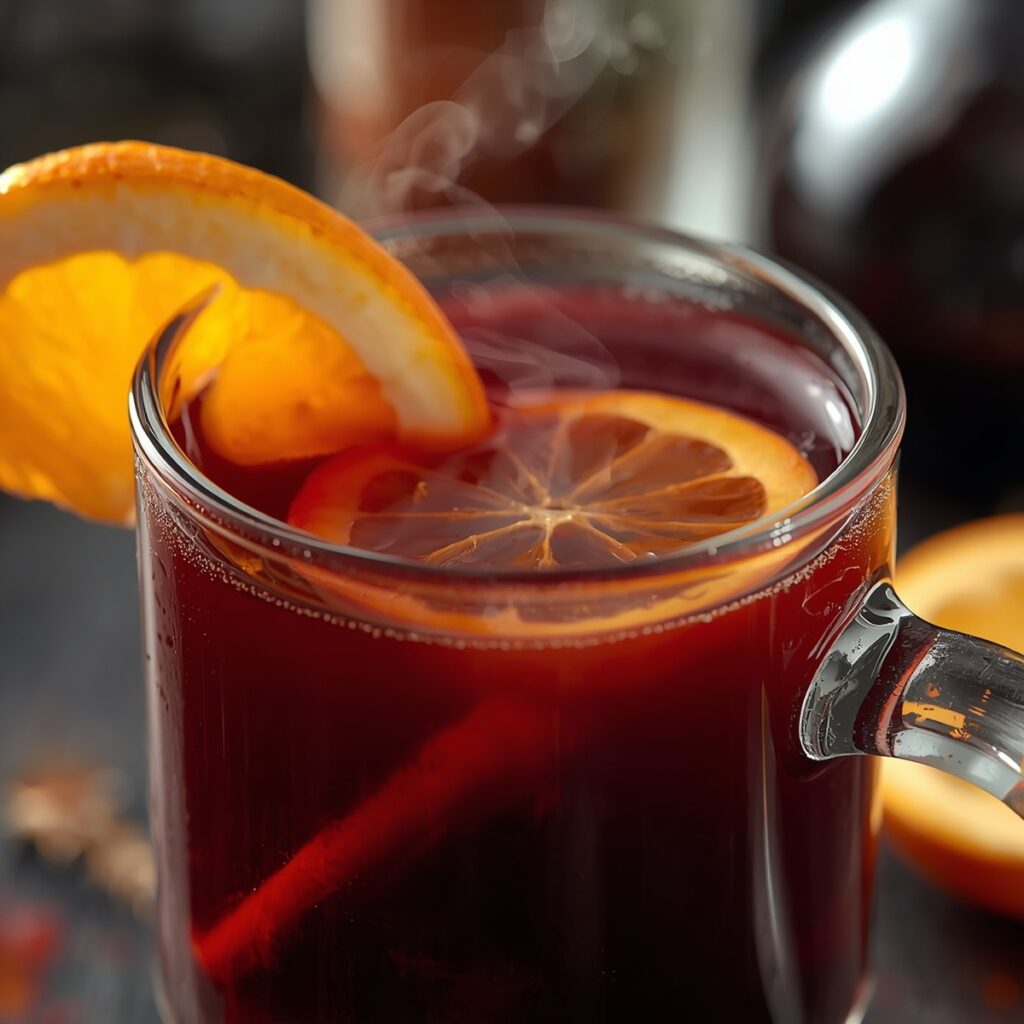  A warm non alcoholic mulled wine with cinnamon and orange