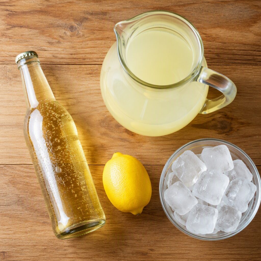 Ingredients for a non-alcoholic shandy recipe laid out on a counter