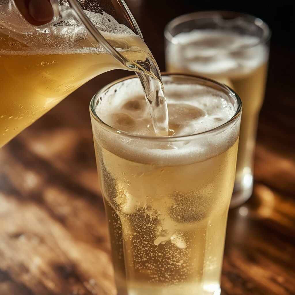 A pitcher of non-alcoholic shandy being poured for a crowd
