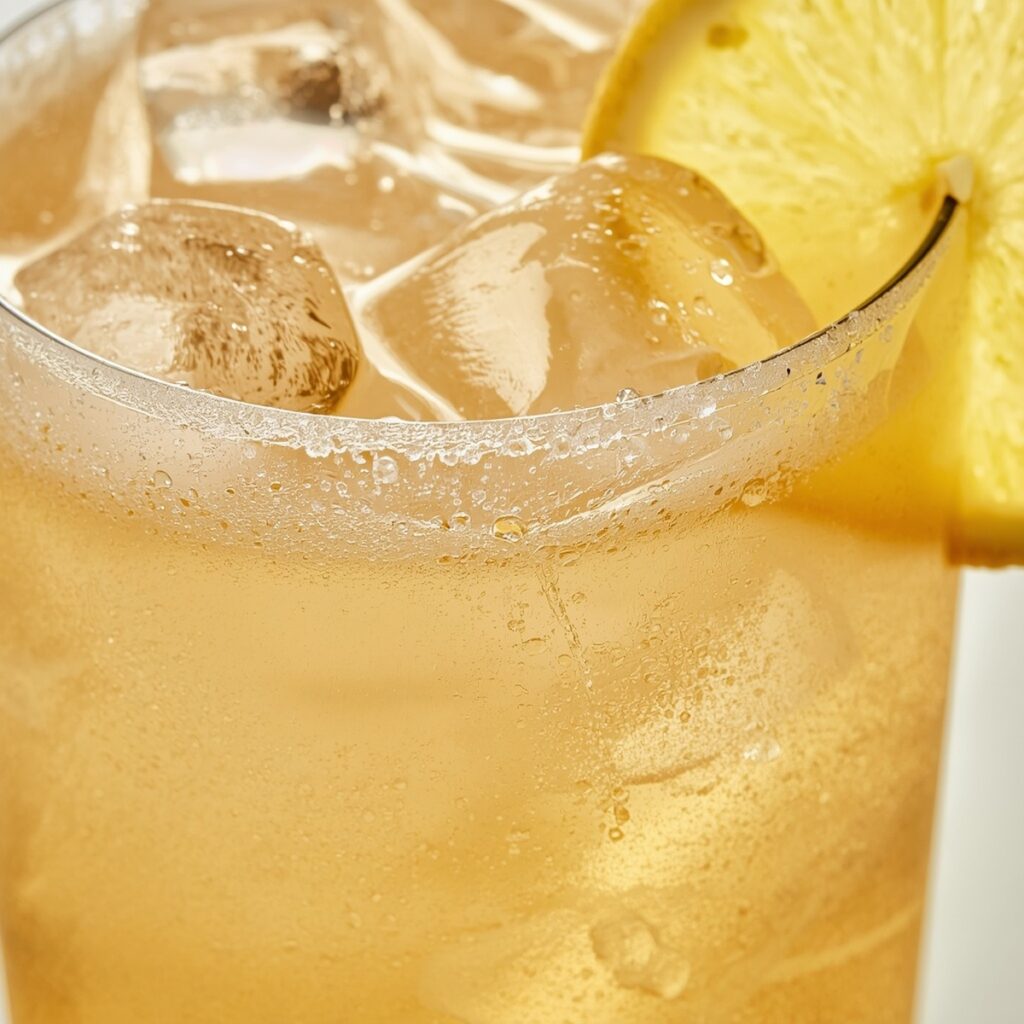 A non-alcoholic shandy in a pint glass with a lemon slice garnish