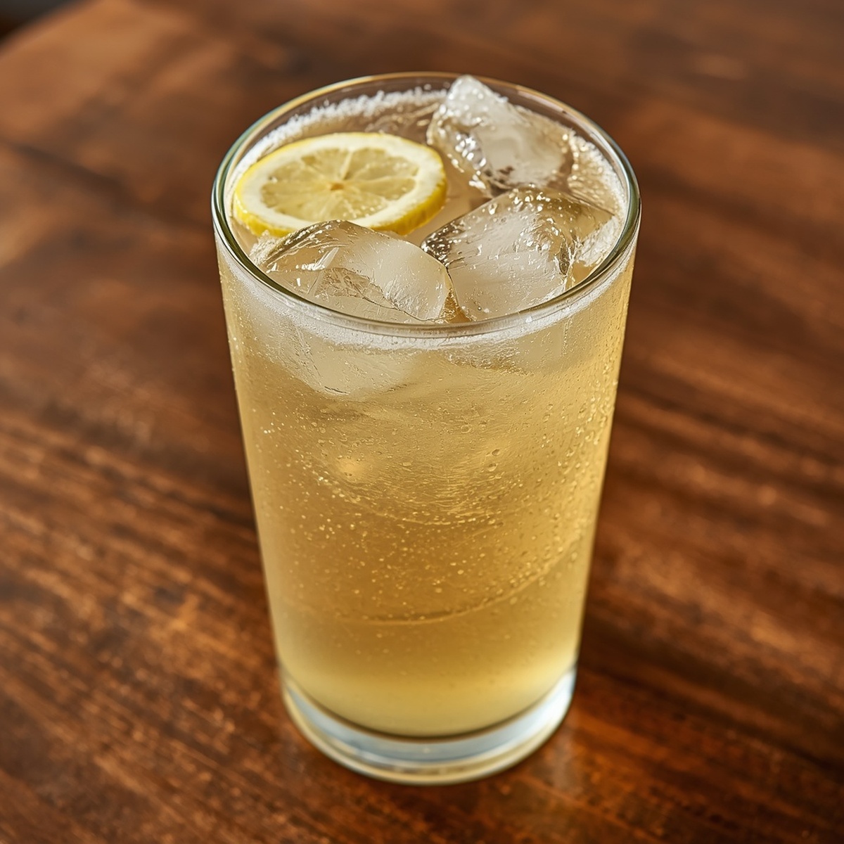 Non-alcoholic shandy recipe in a pint glass with ginger ale and lemonade