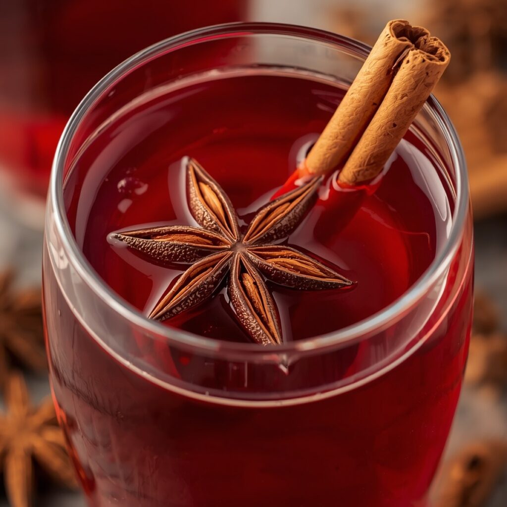 A non alcoholic spiced wine in a glass with star anise