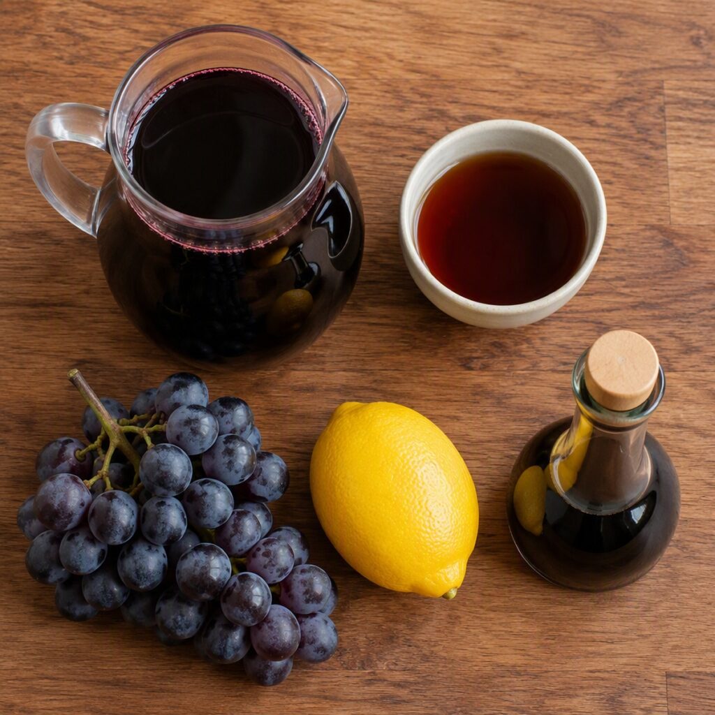 Ingredients for homemade non alcoholic wine laid out on a counter