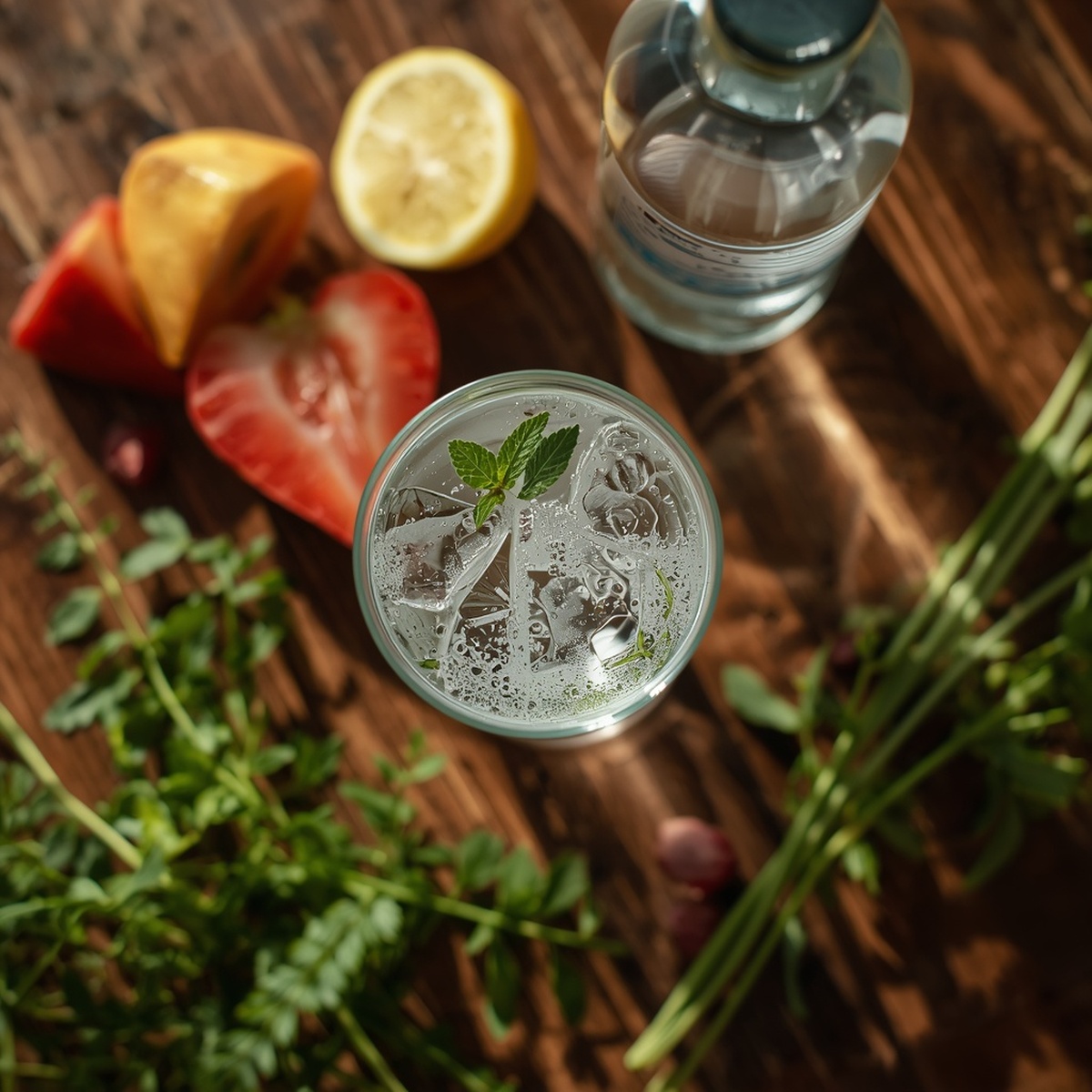 Sparkling water drinks non alcoholic with fresh fruit and herbs