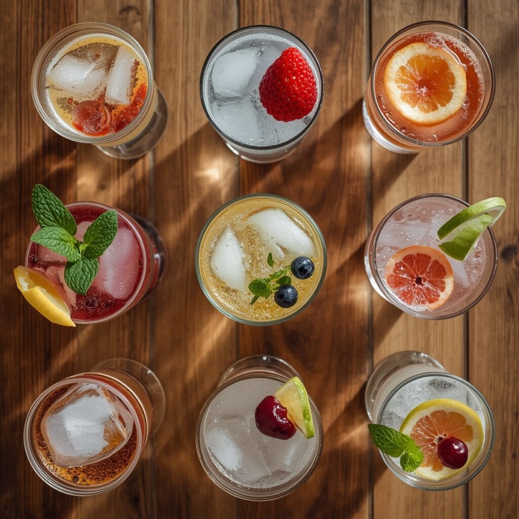 A spread of sparkling water drinks non alcoholic on a table
