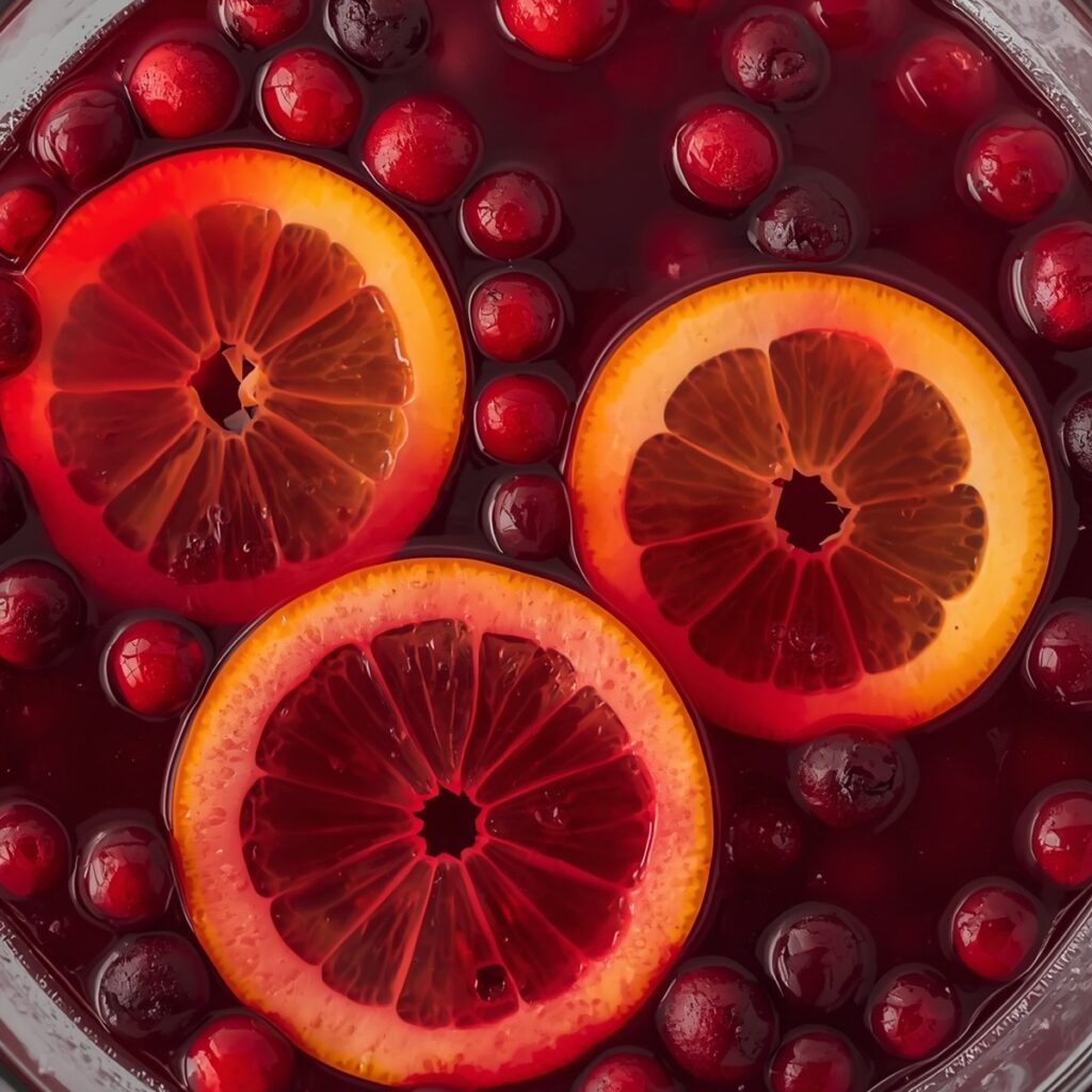 A thanksgiving cranberry punch in a bowl with citrus slices
