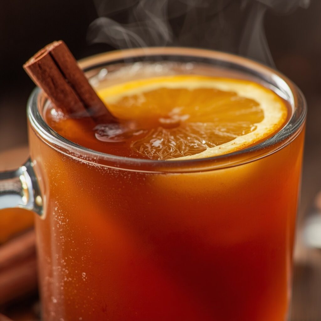 A warm spiced apple cider thanksgiving drink with a cinnamon stick