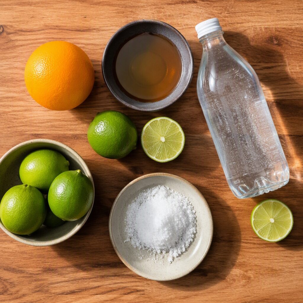 Ingredients for a virgin margarita recipe laid out on a counter
