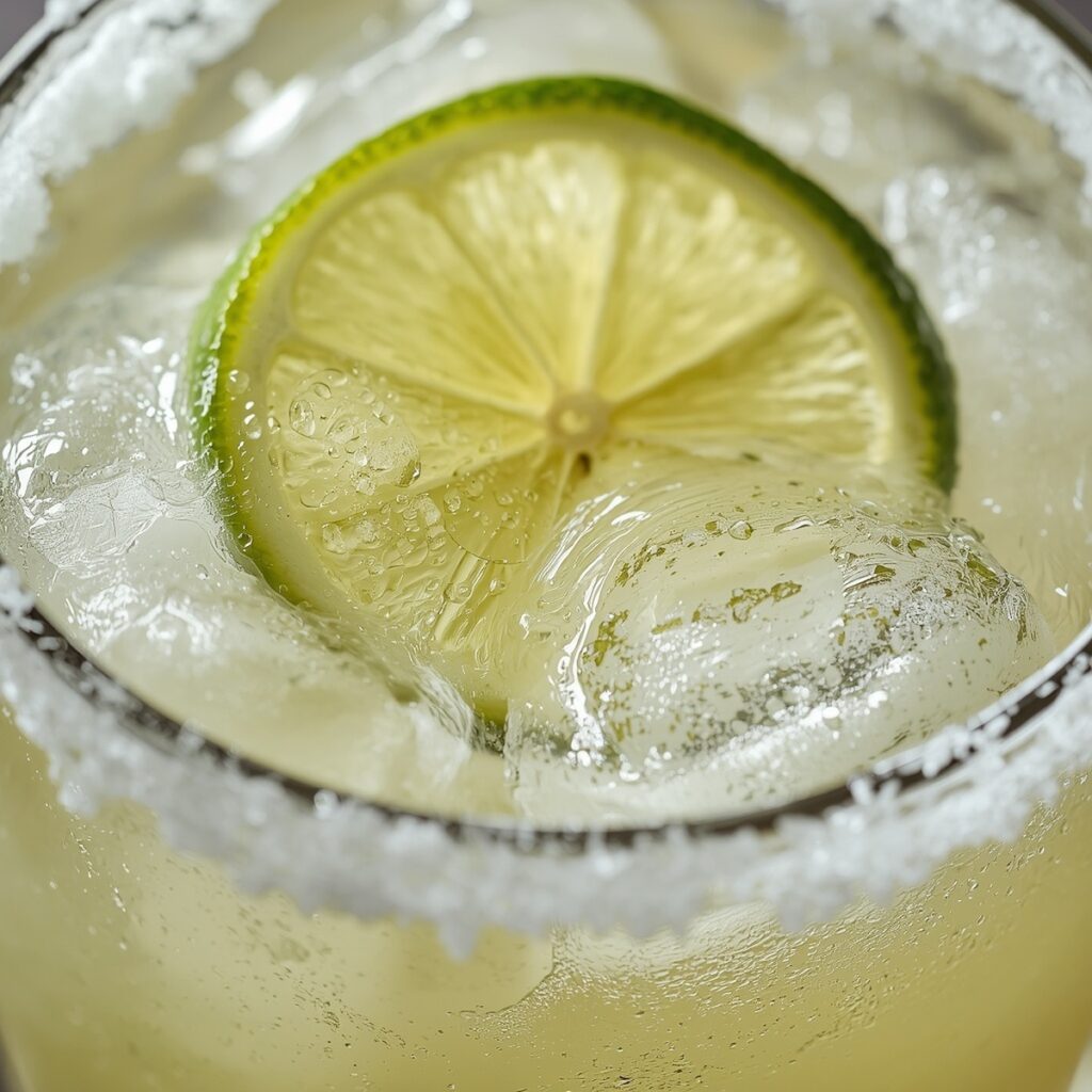 A virgin margarita in a salt-rimmed glass with a lime wheel garnish