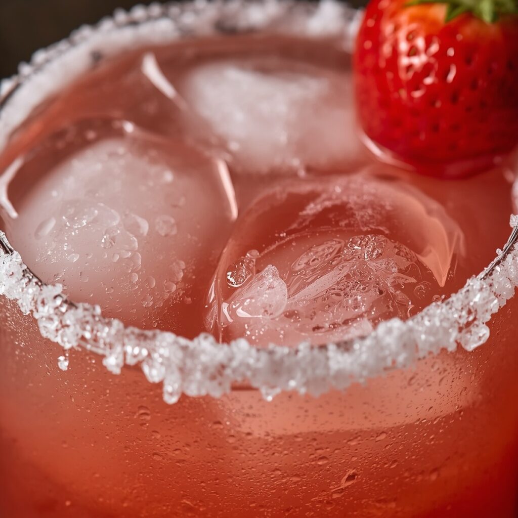 A virgin strawberry margarita garnished with a fresh strawberry