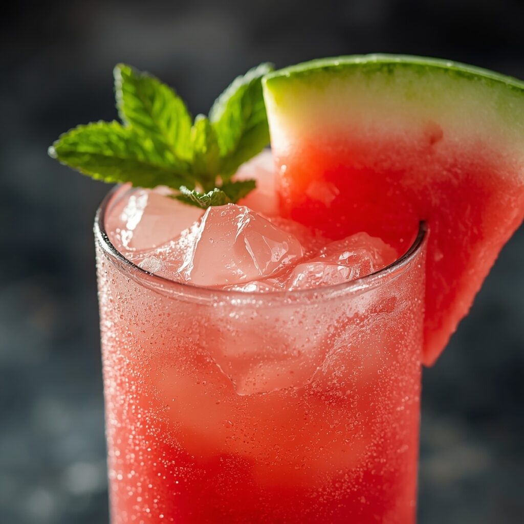A watermelon cooler mocktail garnished with a mint sprig and watermelon wedge