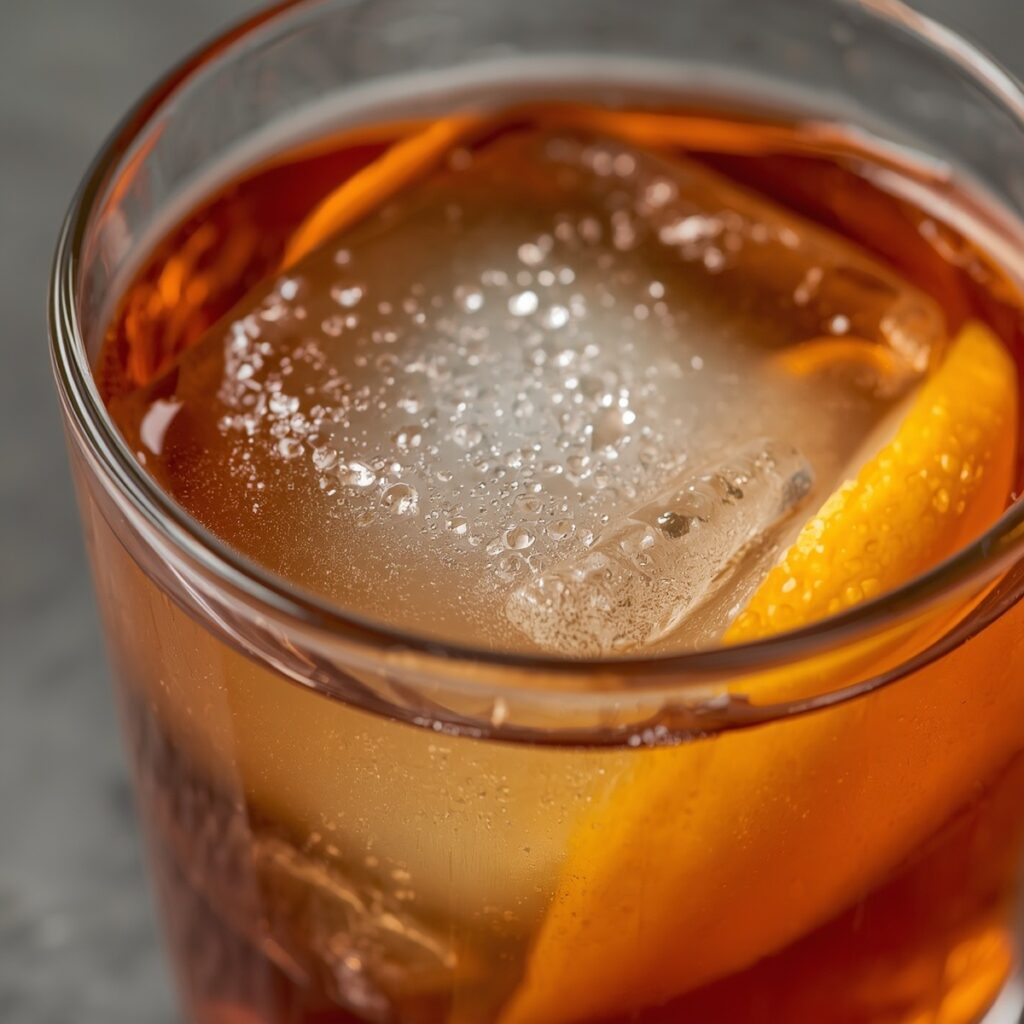 A zero proof drink built with tea, citrus, and bitters in a rocks glass