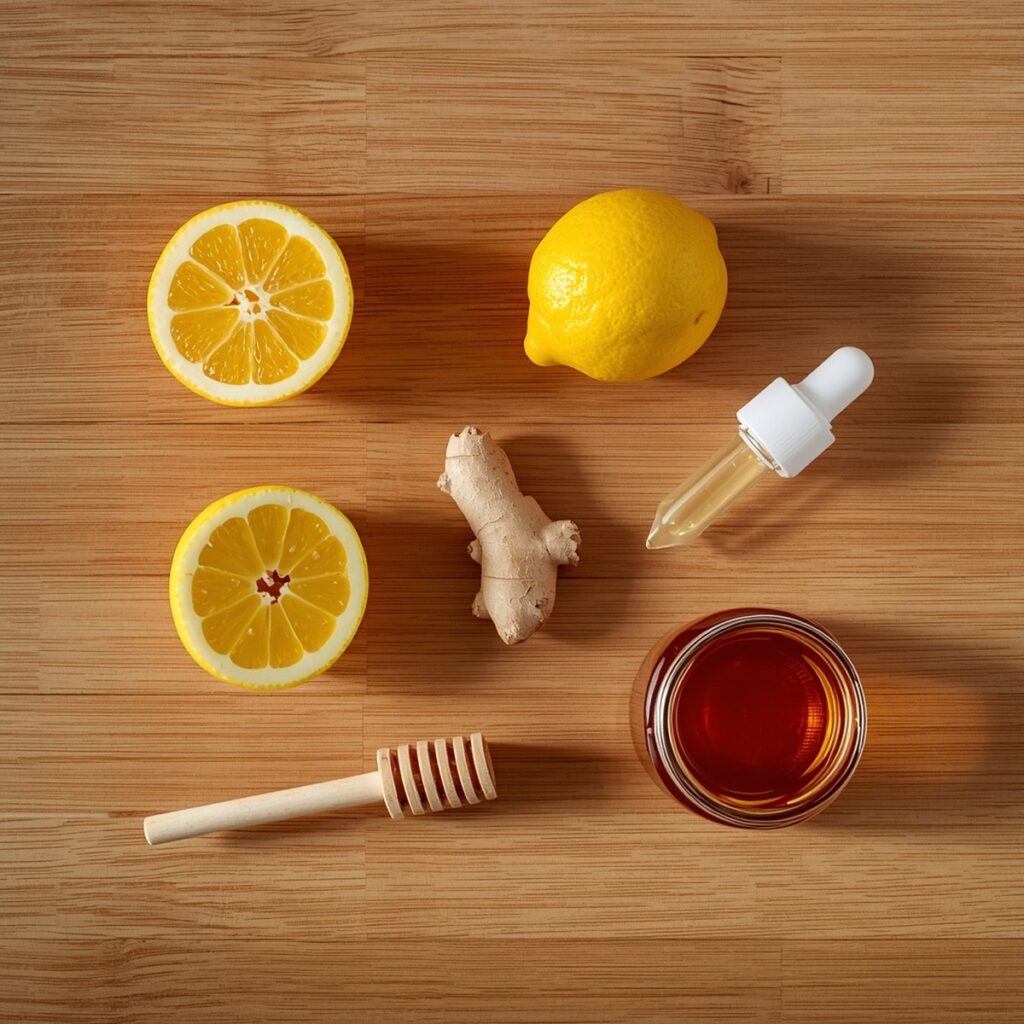 A build-your-own zero proof drink with ginger, citrus, and a bitters bottle on a counter