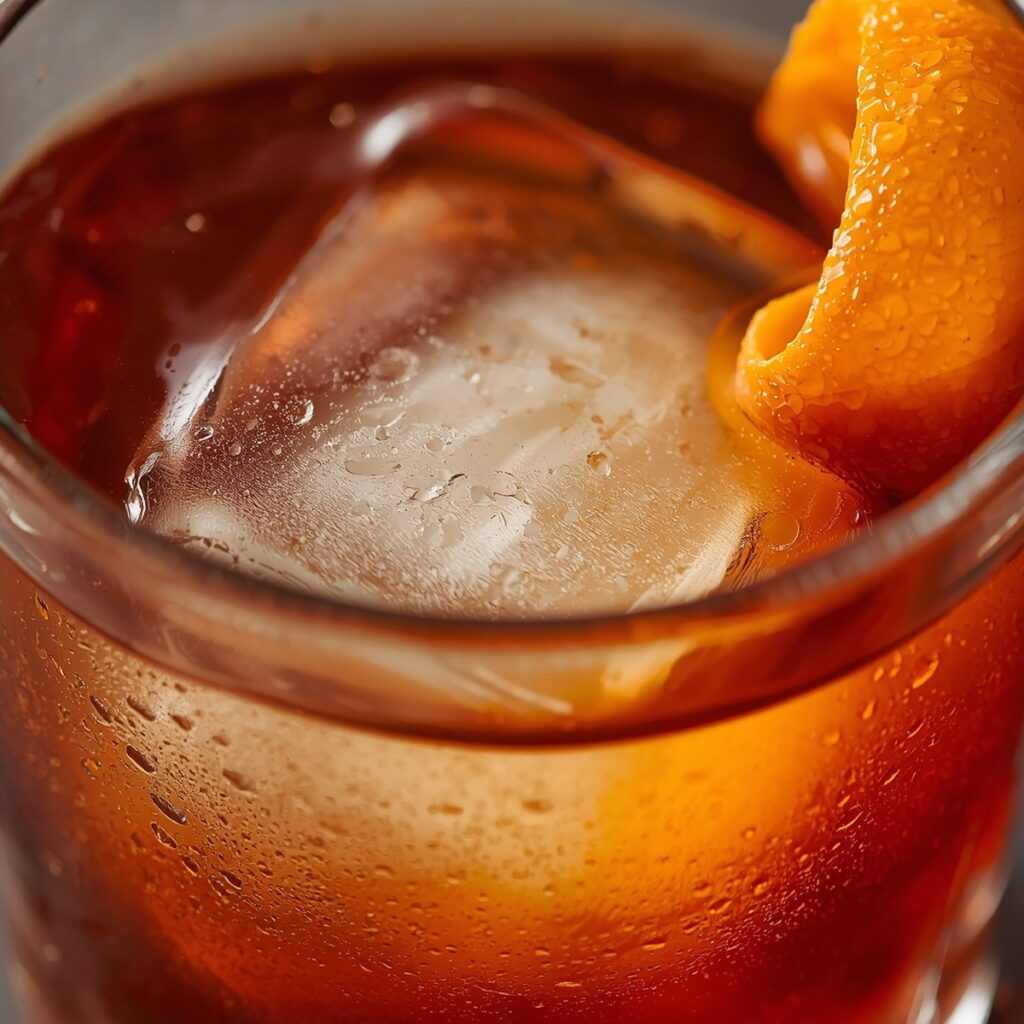A zero proof Old Fashioned-style drink with a large ice cube and orange peel