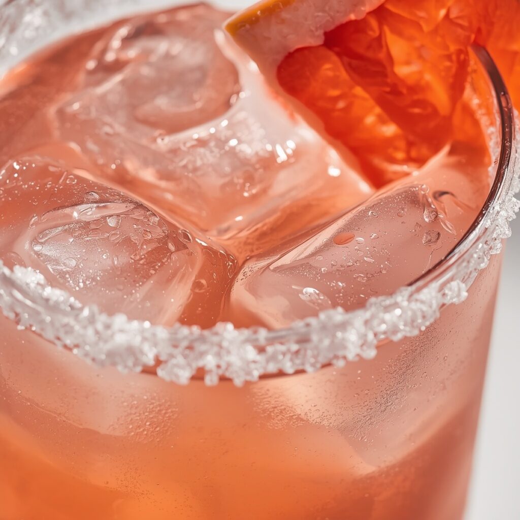 A zero proof Paloma-style drink garnished with a grapefruit wheel