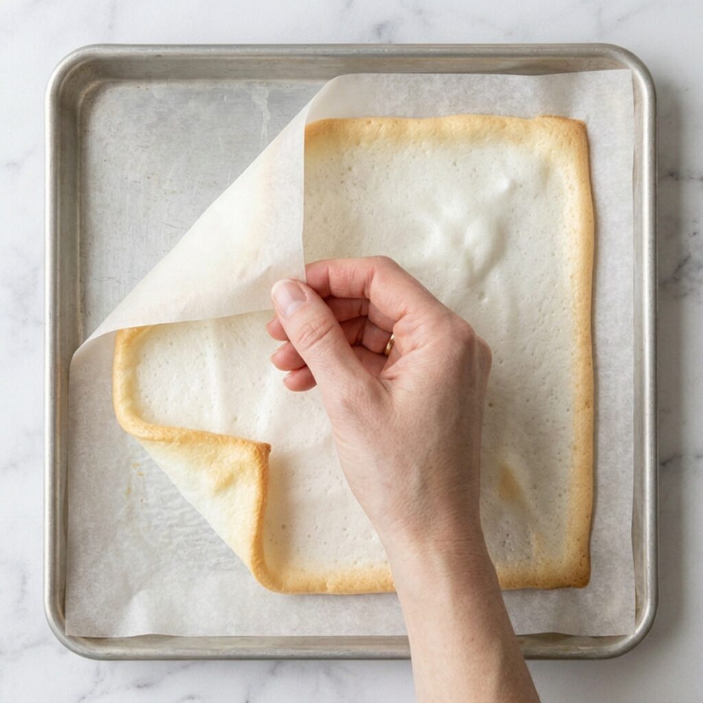 Square shot of a baked egg white wrap being peeled off parchment paper by hand, light golden edges, white marble surface, soft natural daylight,
