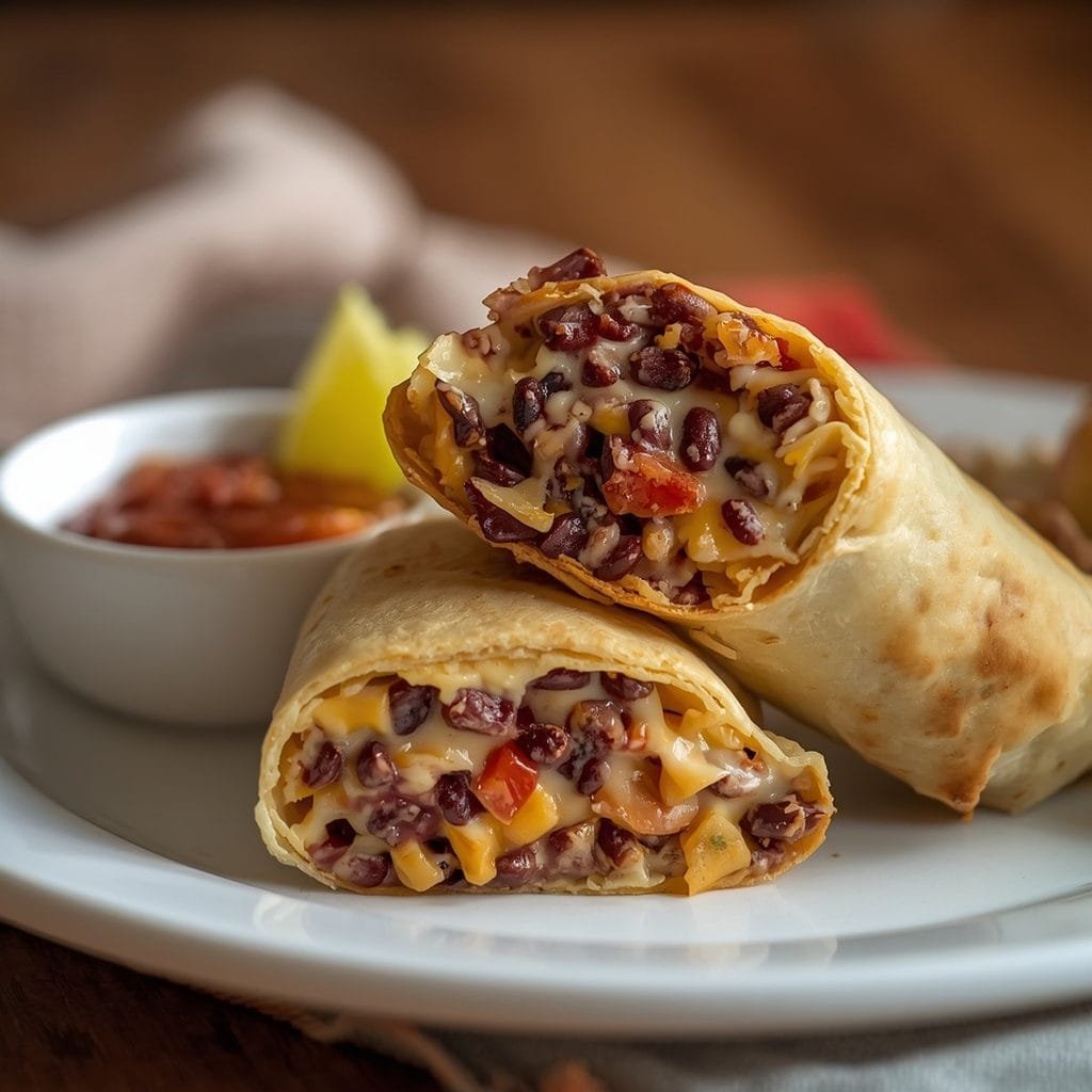 A finished bean and cheese burrito recipe, plated with salsa and a lime wedge