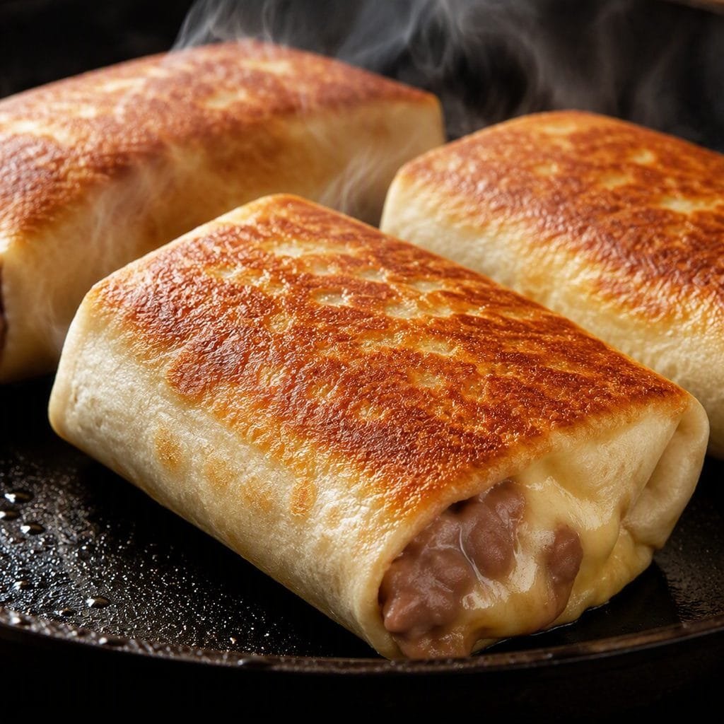 Burritos crisping seam-side down in a skillet
