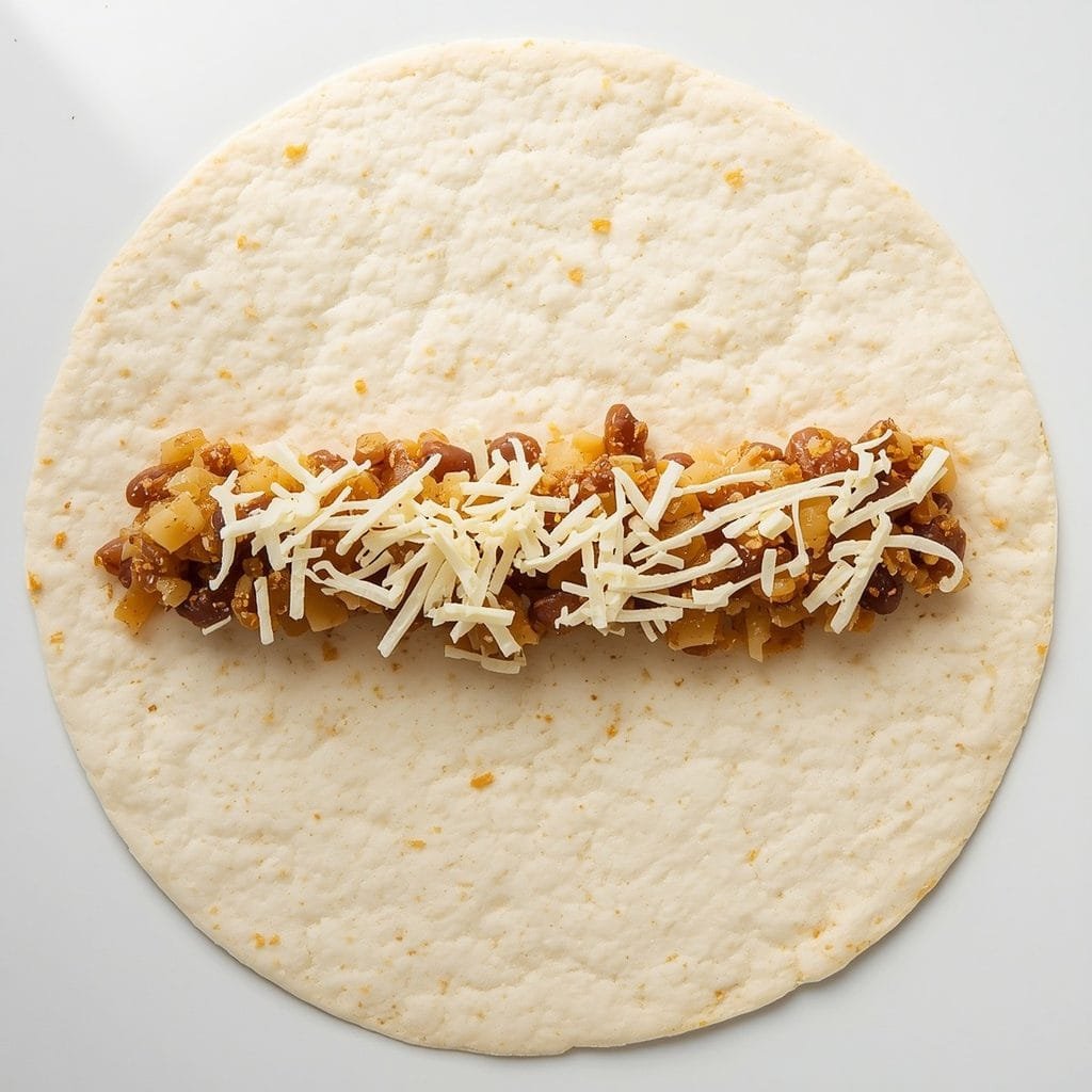 A tortilla filled with beans and shredded cheese before rolling