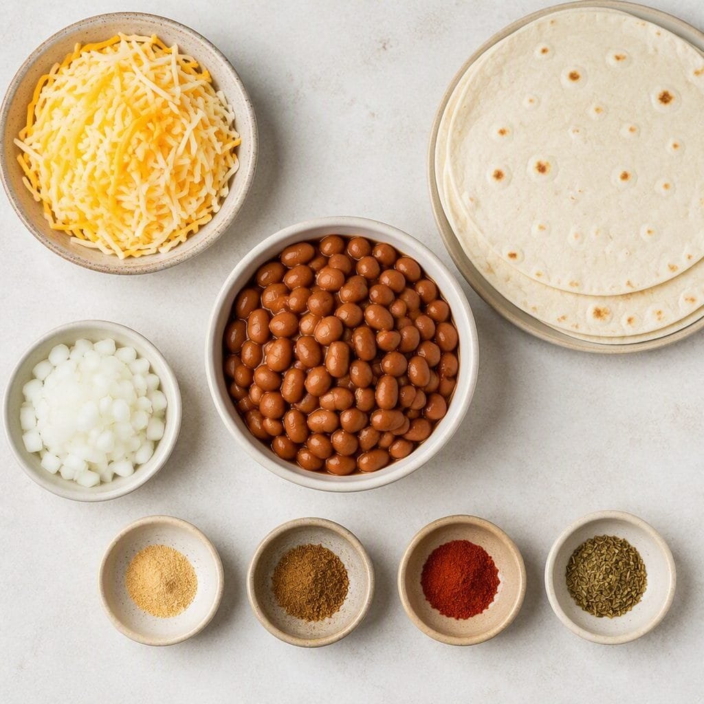Ingredients for bean and cheese burritos laid out: pinto beans, cheese, tortillas, onion, and spices
