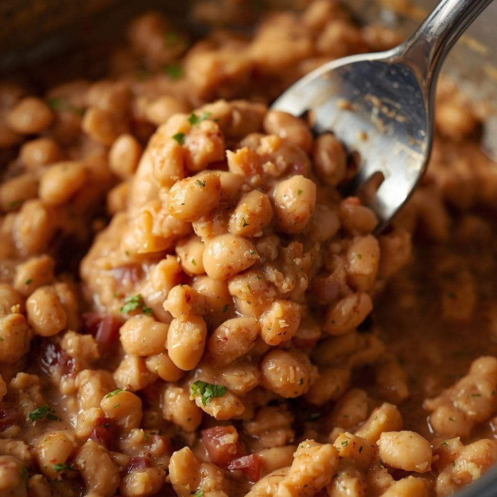 Refried beans being seasoned and mashed in a skillet