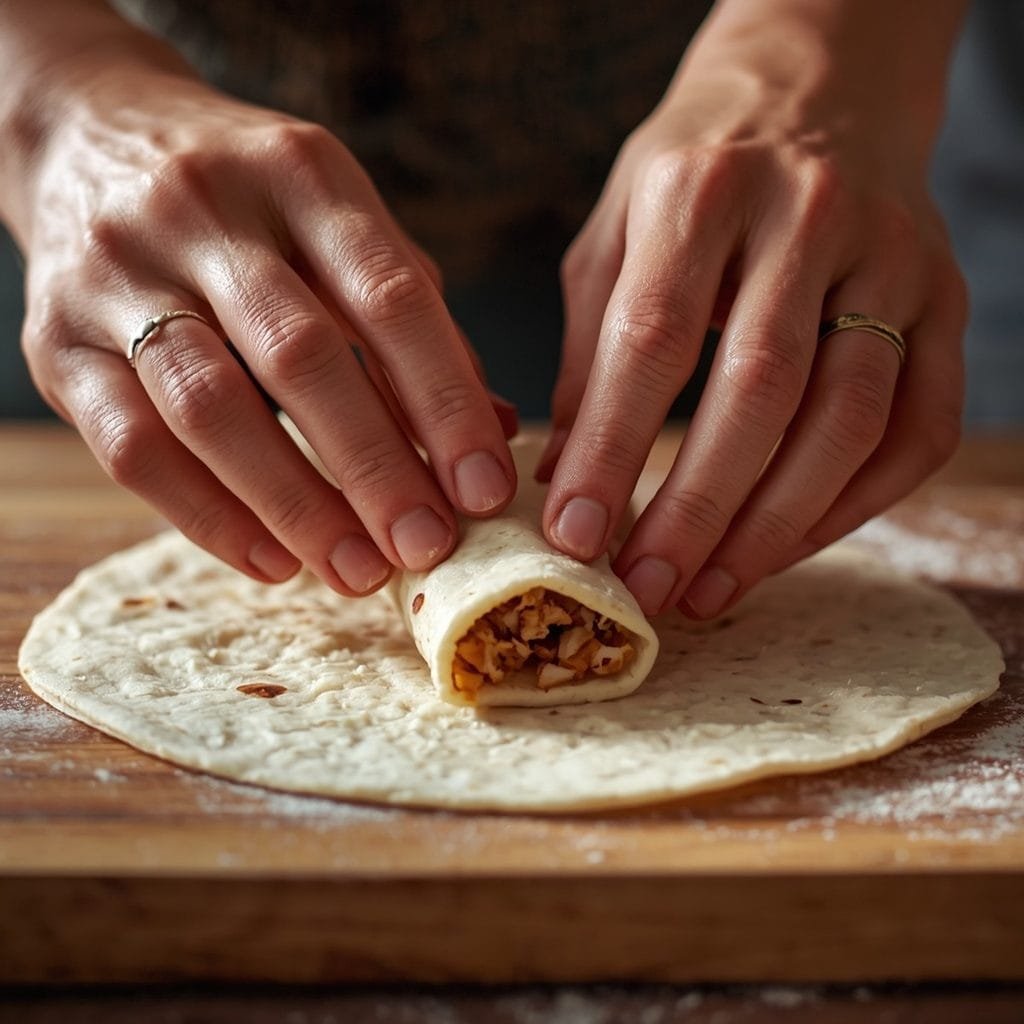 A rolled burrito being folded and tucked on a cutting board