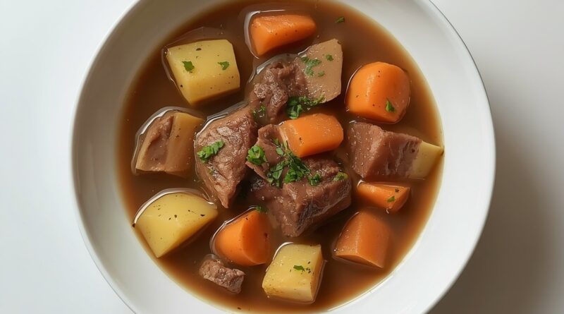 Overhead square shot of Instant Pot beef stew in a bowl with chunks of beef, carrots, and potatoes in a thick brown gravy