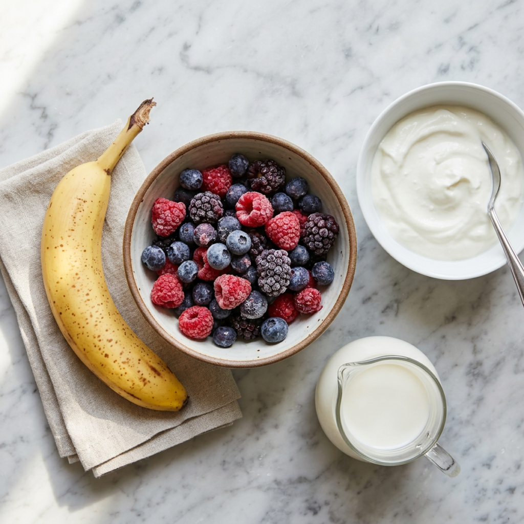 Ingredients for a fresh fruit smoothie laid out on a marble counter, including frozen berries, banana, and yogurt, no text, no labels, no background drinks or glasses of liquid