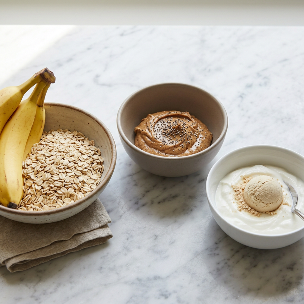 A smoothie building blocks flat lay showing separate bowls of protein, healthy fat, and carbohydrate ingredients, no text, no labels, no background drinks or glasses of liquid