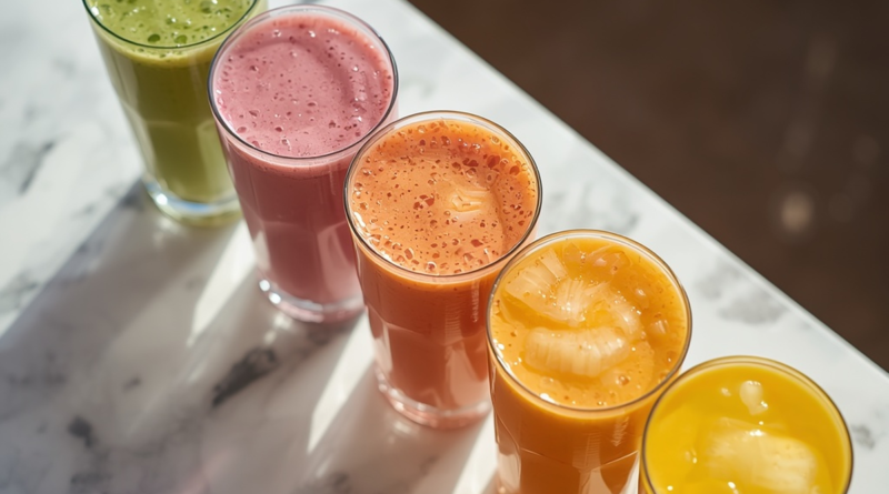 Overhead shot of a spread of five different smoothies in glasses, each a different color and flavor