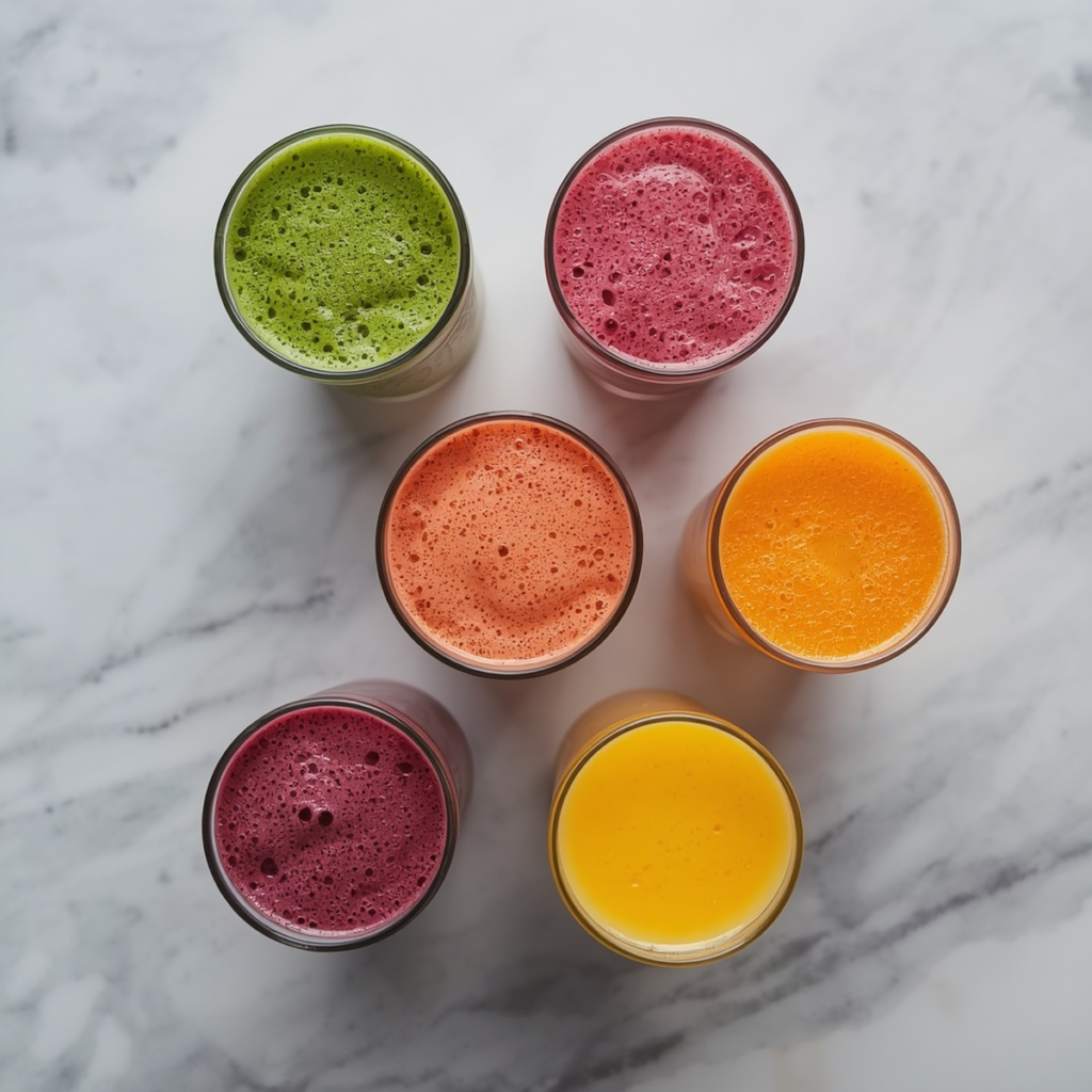 Overhead shot of a spread of six different smoothies in glasses, each a different color and flavor, no text, no labels, no background drinks or glasses of liquid