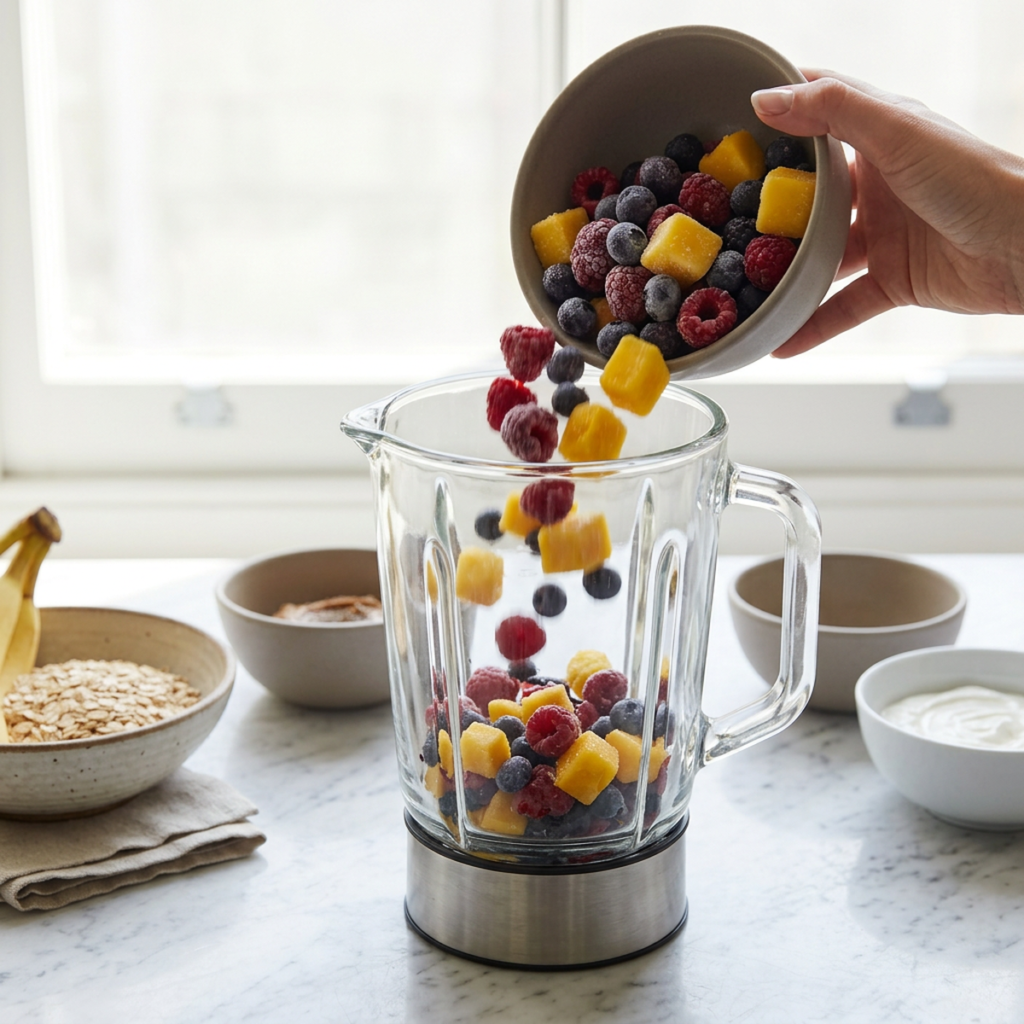 Frozen fruit chunks being poured into a blender for a smoothie, no text, no labels, no background drinks or glasses of liquid