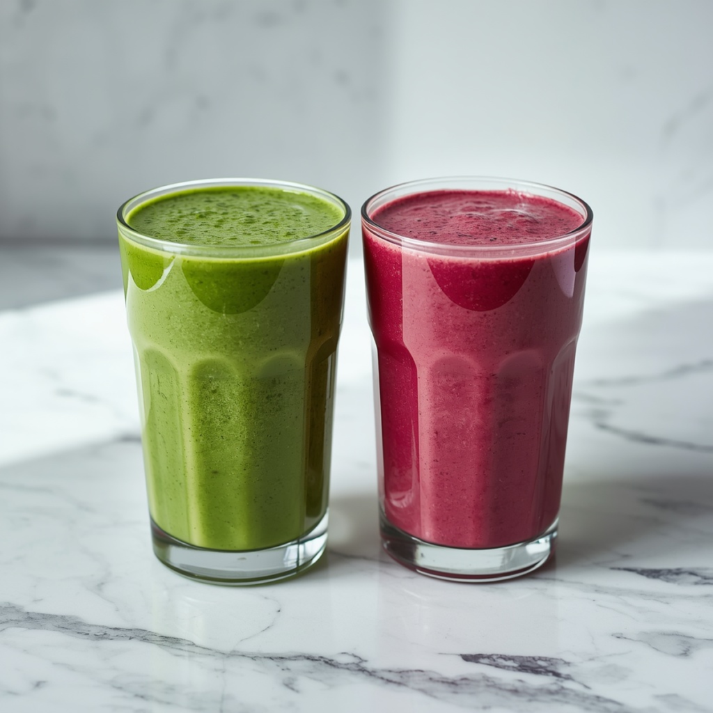 A green kale and beetroot smoothie duo in glasses side by side on a marble counter, no text, no labels, no background drinks or glasses of liquid