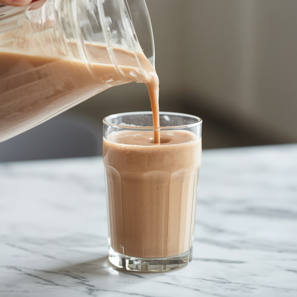 A thick smoothie being poured from a blender into a glass, showing a creamy consistency, no text, no labels, no background drinks or glasses of liquid