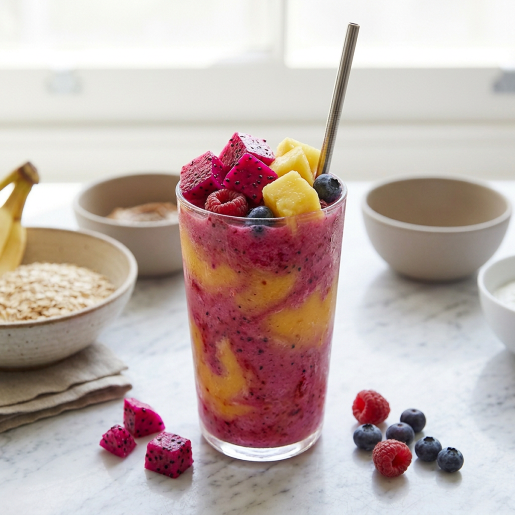 A tropical smoothie in a glass topped with dragon fruit and pineapple chunks, no text, no labels, no background drinks or glasses of liquid