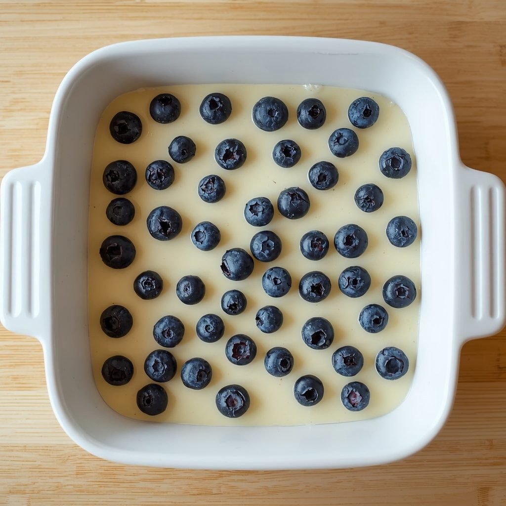 Blueberry cottage cheese breakfast bake batter topped with fresh blueberries in a baking dish before baking