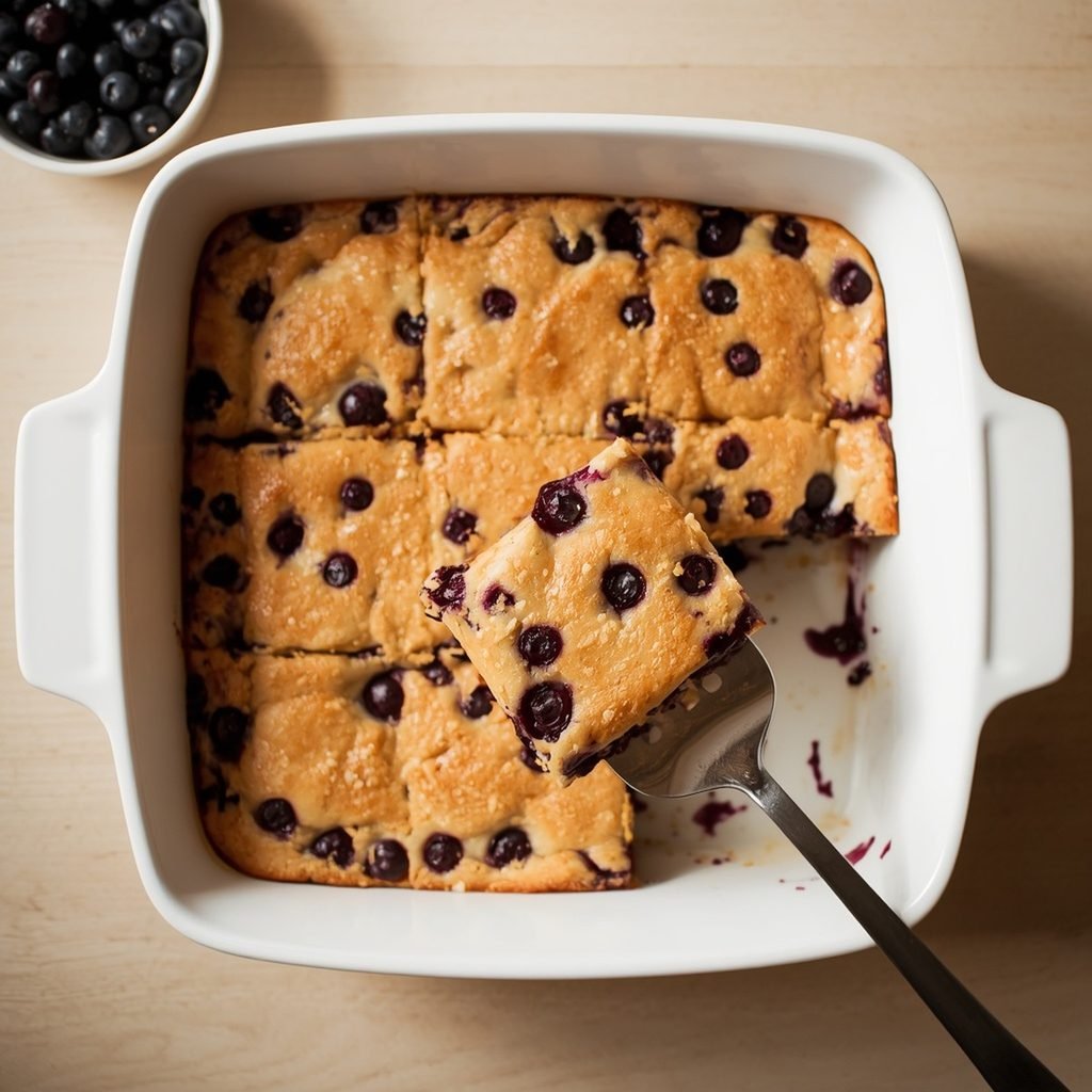 Overhead shot of blueberry cottage cheese breakfast bake cut into squares with one piece lifted out