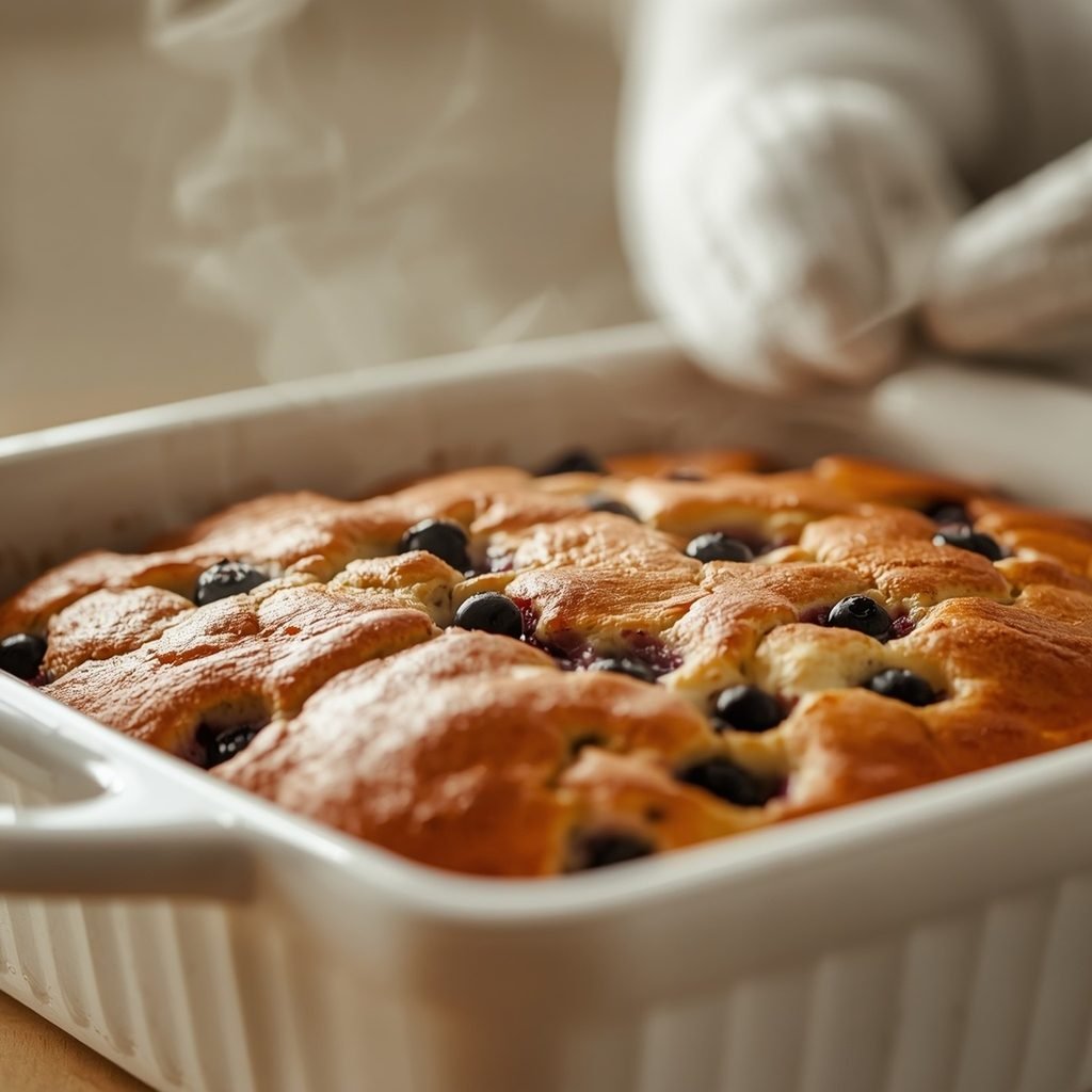 Golden brown blueberry cottage cheese breakfast bake fresh out of the oven
